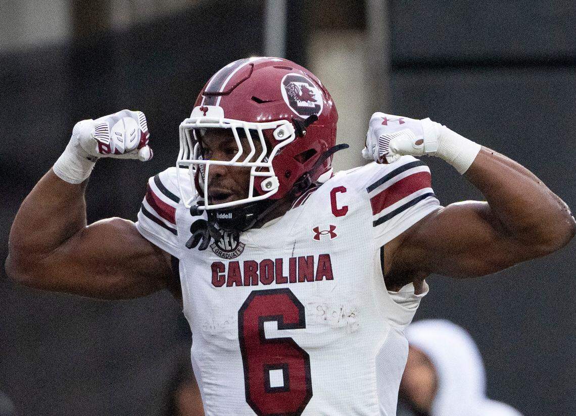 South Carolina Gamecocks tight end Joshua Simon (6) celebrates after scoring a touchdown against Vanderbilt Commodores during the first half at FirstBank Stadium in Nashville, Tenn., Saturday, Nov. 9, 2024.