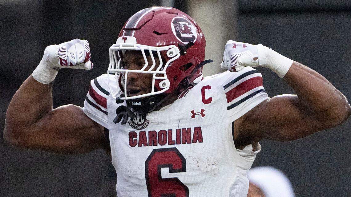 South Carolina Gamecocks tight end Joshua Simon (6) celebrates after scoring a touchdown against Vanderbilt Commodores during the first half at FirstBank Stadium in Nashville, Tenn., Saturday, Nov. 9, 2024.