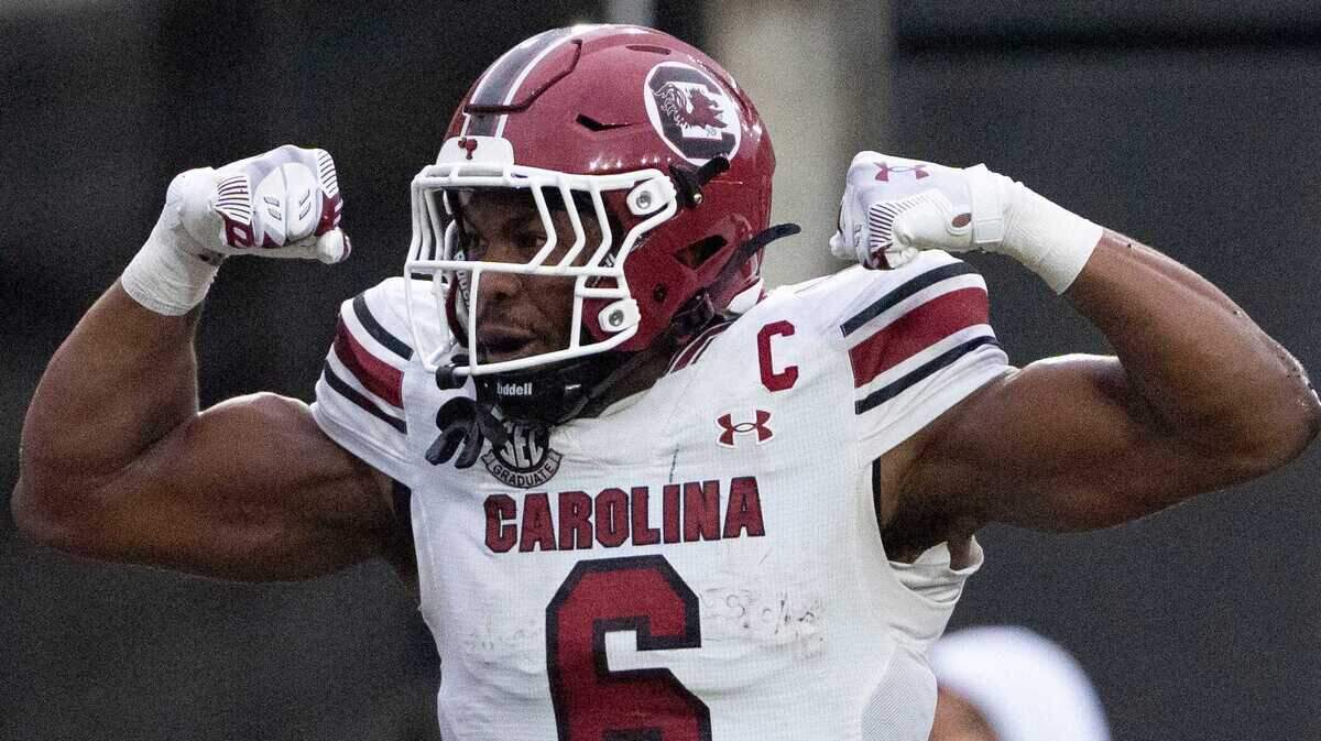 South Carolina Gamecocks tight end Joshua Simon (6) celebrates after scoring a touchdown against Vanderbilt Commodores during the first half at FirstBank Stadium in Nashville, Tenn., Saturday, Nov. 9, 2024.