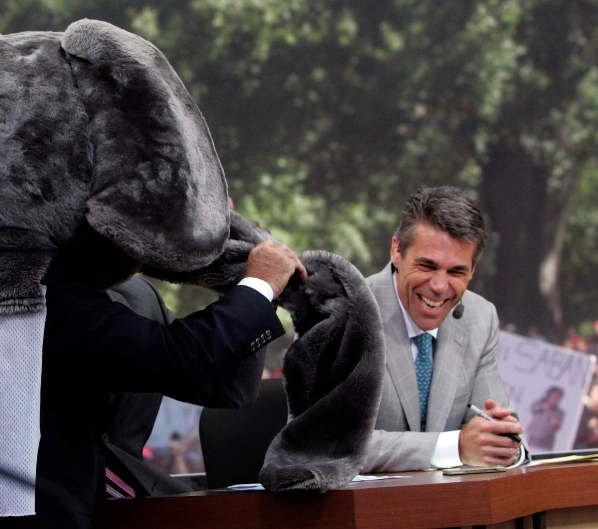 From Oct. 9, 2010: Lee Corso puts the Alabama elephant mascot head on during ESPN Gameday on the Horseshoe.