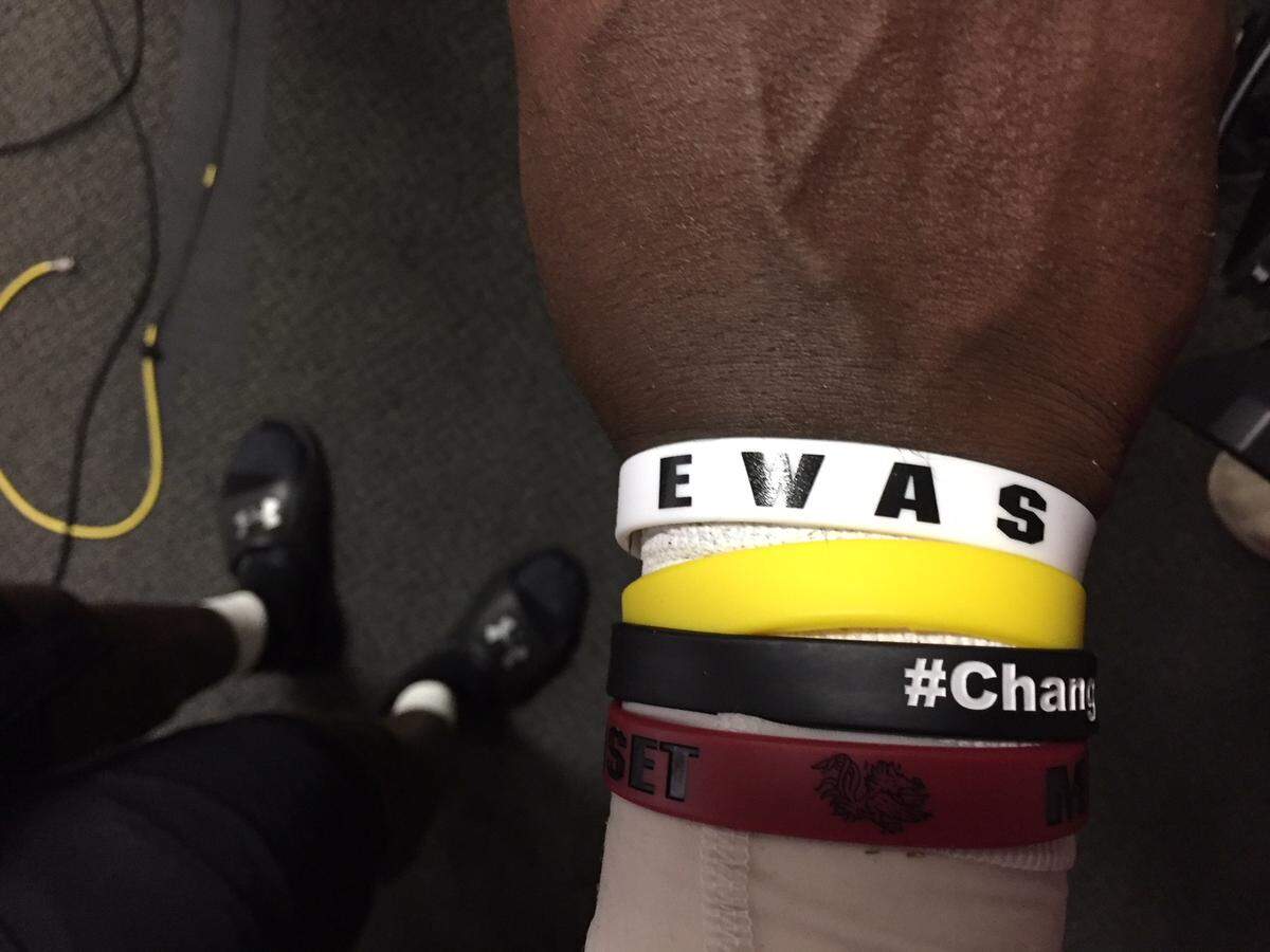 South Carolina senior linebacker Bryson Allen-Williams shows off his newest plastic bracelet, which reminds the Gamecocks that Every Week’s A Season.