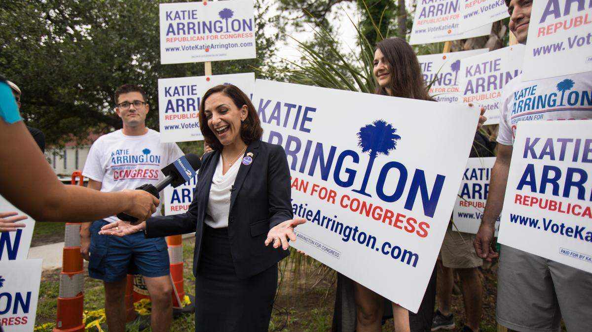 South Carolina Representative Katie Arrington, who is running for the first district of South Carolina, campaigns after voting for herself in the primary election on Tuesday, June 12, 2018 at Bethany United Methodist Church in Summerville.