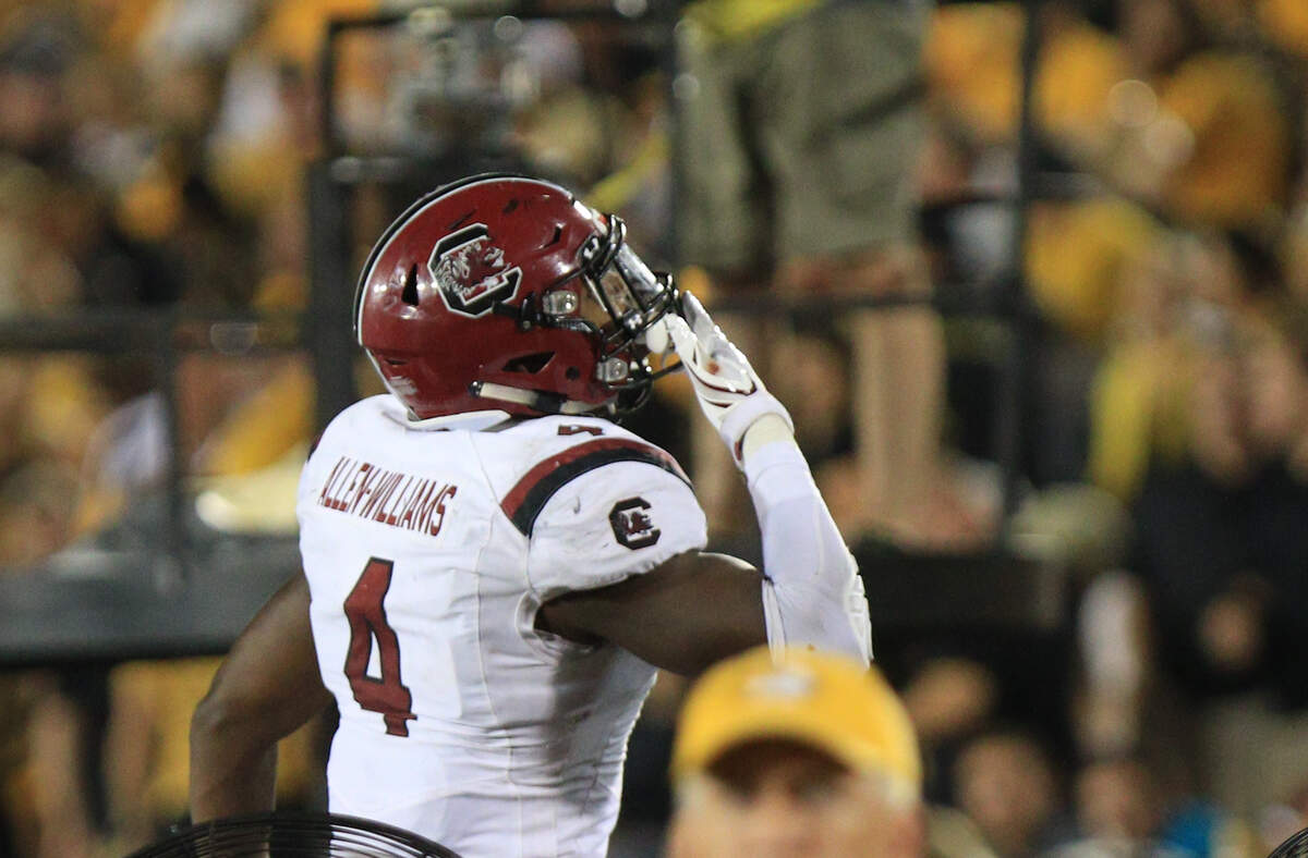 South Carolina linebacker Bryson Allen-Williams (4) celebrates his interception by blowing a kiss to the Missouri fans during the second half of the game at Faurot Field in Columbia, Missouri.