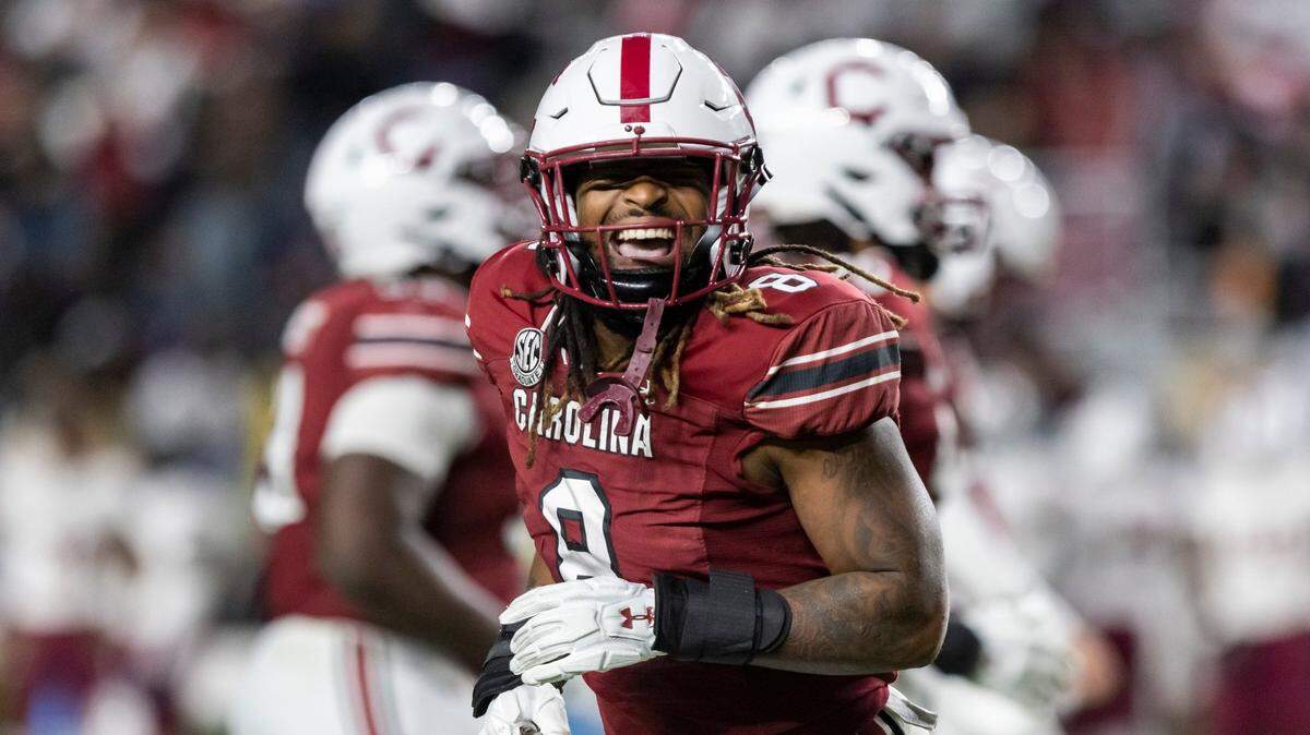 South Carolina Gamecocks running back Christian Beal-Smith (8) celebrates a play at Williams-Brice Stadium in Columbia, SC on Saturday, Sept. 29, 2022.