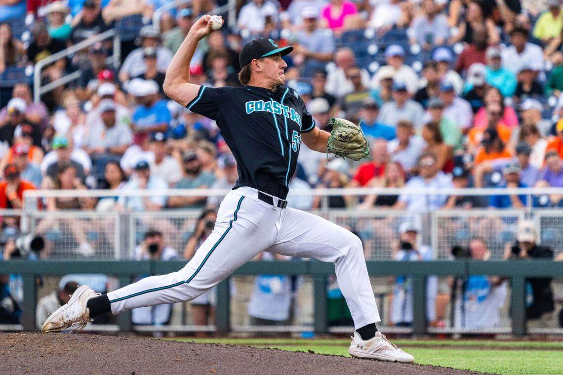 Coastal Carolina Chanticleers starting pitcher Jacob Morrison (51) pitches against the Oregon State Beavers during the first inning at Charles Schwab Field.