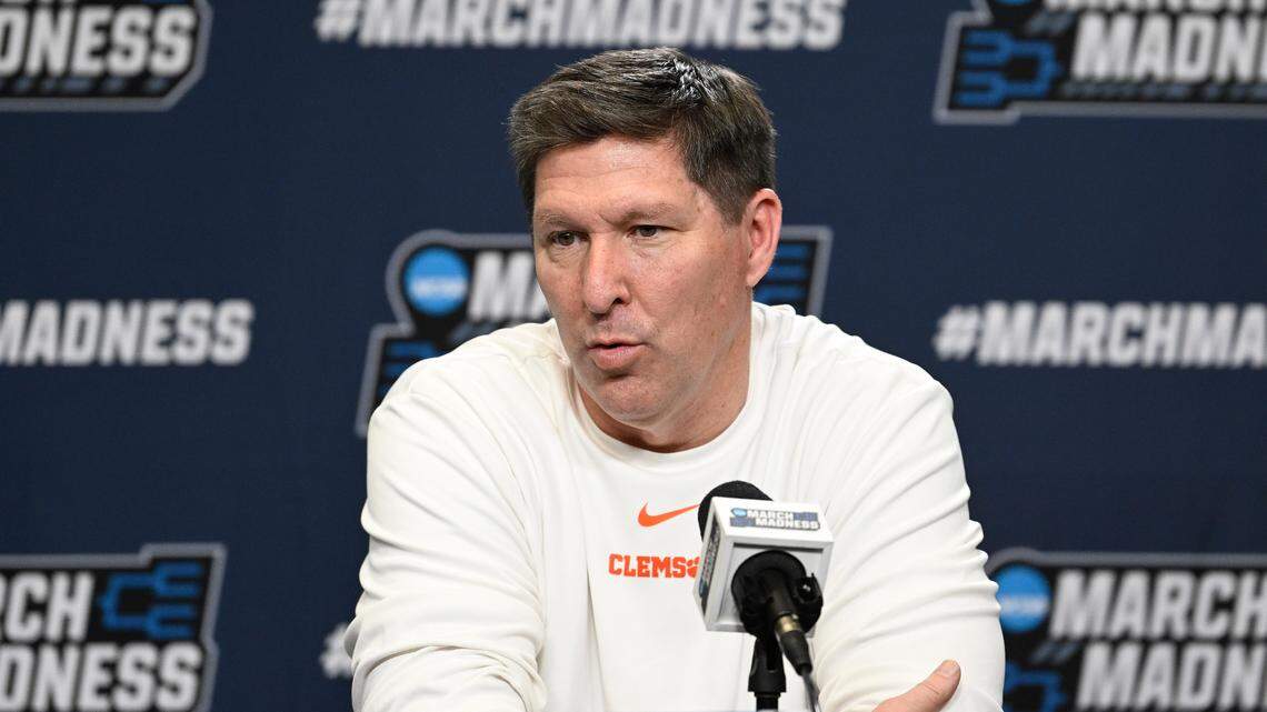 Mar 19, 2025; Providence, RI, USA; Clemson Tigers head coach Brad Brownell speaks to the media during a press conference at Amica Mutual Pavilion.
