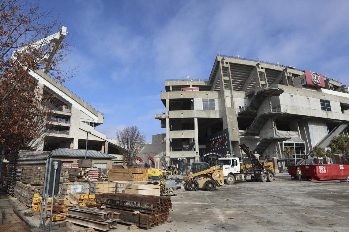 Crews work to demolish portions of Williams-Brice Stadium on Jan. 7. Renovations to the stadium are expected to be completed in time for the 2026 season.