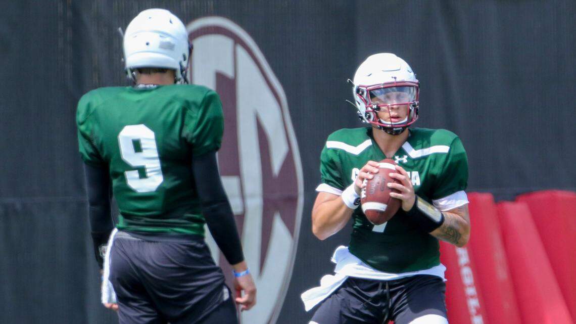 University of South Carolina quarterback Spencer Rattler (7) works on drills during practice on Monday, Aug. 8, 2022.