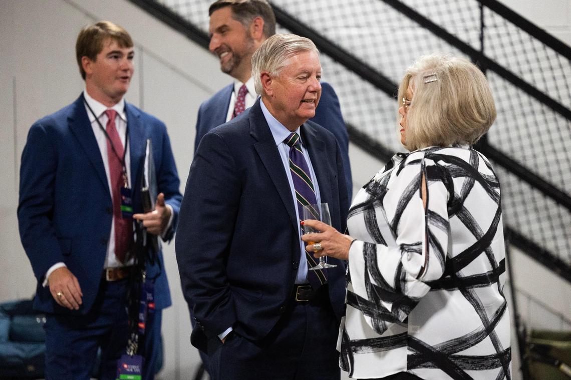 Senator Lindsey Graham arrives at the Silver Elephant Gala in Columbia, South Carolina on Saturday, August 5, 2023. The Gala is a fundraiser for the South Carolina Republican Party.
