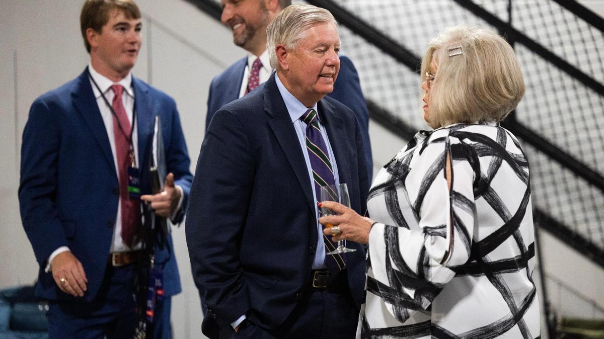 Senator Lindsey Graham arrives at the Silver Elephant Gala in Columbia, South Carolina on Saturday, August 5, 2023. The Gala is a fundraiser for the South Carolina Republican Party.