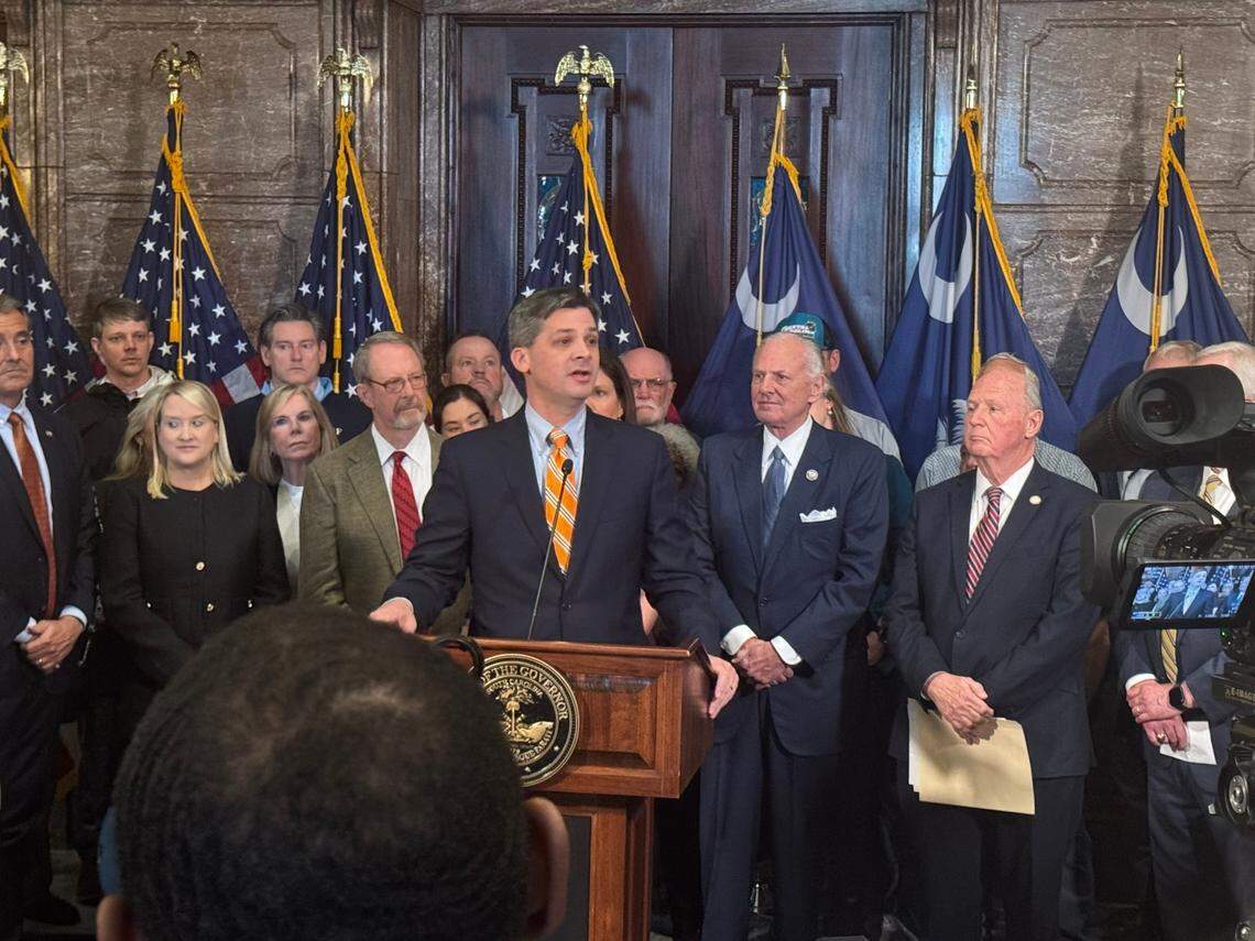 Senate Majority Leader Shane Massey, R-Edgefield, speaks about a proposed tort reform package at the South Carolina State House on Wednesday, March 5, 2025.