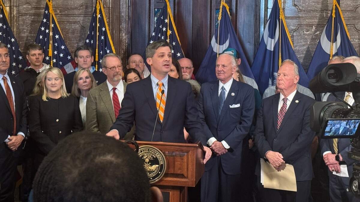 Senate Majority Leader Shane Massey, R-Edgefield, speaks about a proposed tort reform package at the South Carolina State House on Wednesday, March 5, 2025.