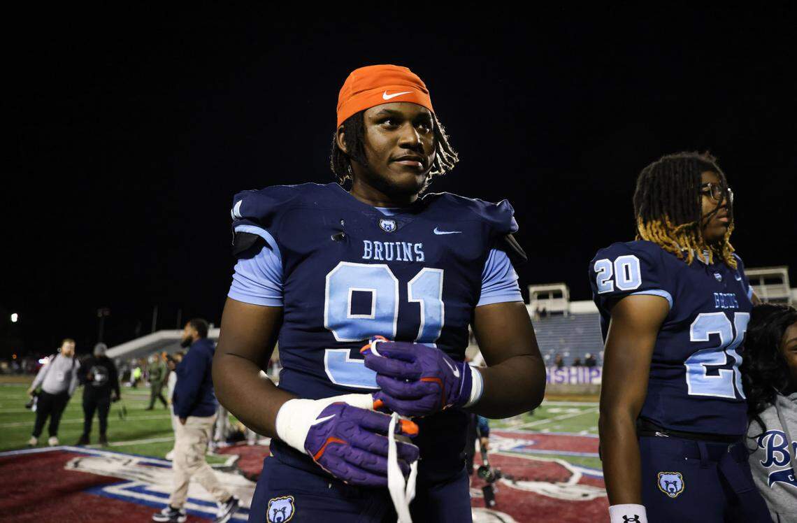 Amare Adams (91) of South Florence celebrates following the Class 4A Football State Championships in Orangeburg on Friday, December 13, 2024.