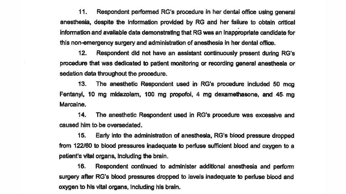 A portion of a report by the NC State Board of Dental Examiners on dentist Shawana Neopi Patterson and her care of a patient identified as “RG”.