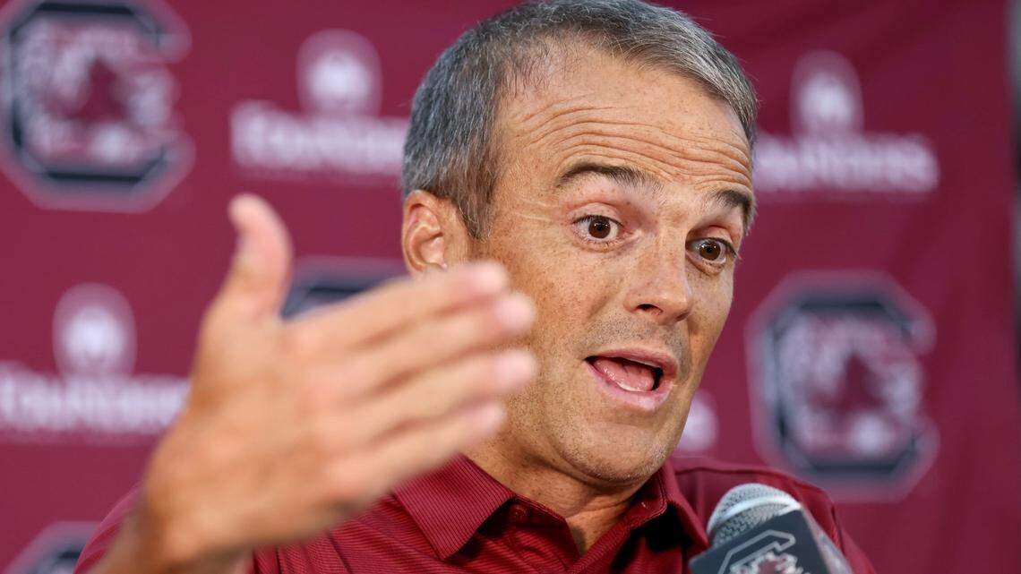 Shane Beamer speaks Thursday at the 2024 South Carolina on-campus media day.