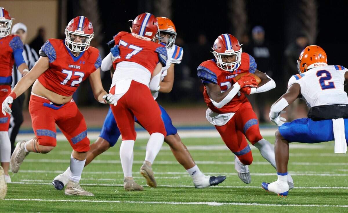 Hammond’s Aidan Canzater runs for yardage as Hammond faced Laurence Manning in the SCISA Class 4A football championship on Friday, Nov. 18, 2022, at Charleston Southern University.