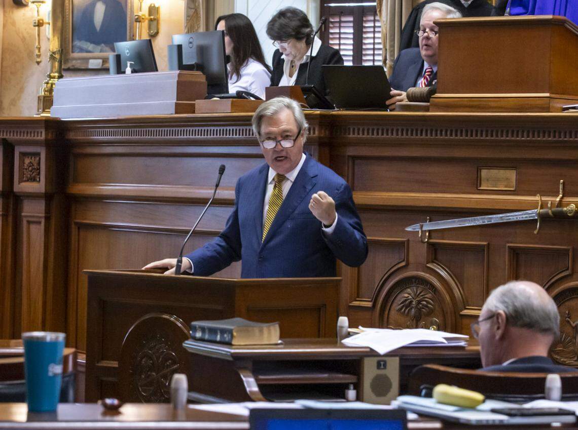 State Sen. Dick Harpootlian, D-Richland, discusses his concerns with a proposal to offer the Carolina Panthers $115 million in tax breaks to move their operations to South Carolina.