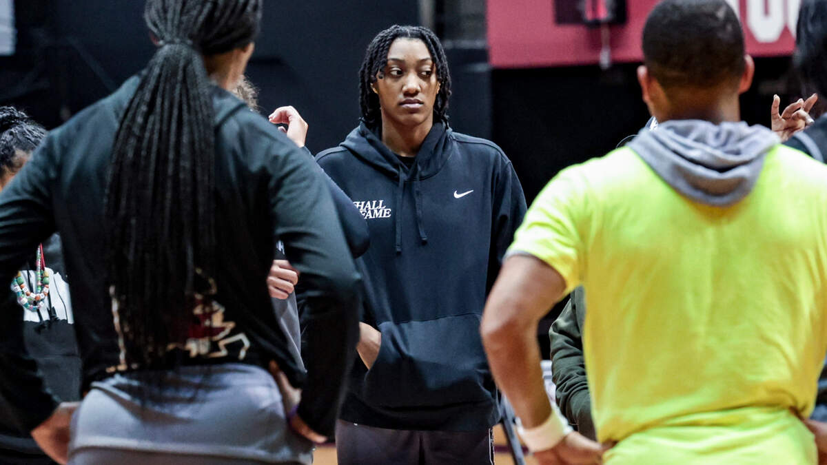University of South Carolina’s Ashlyn Watkins (2) stands with the huddle after practice on Wednesday Jan. 8, 2024. Watkins is out for the rest of the season after suffering a torn ACL.