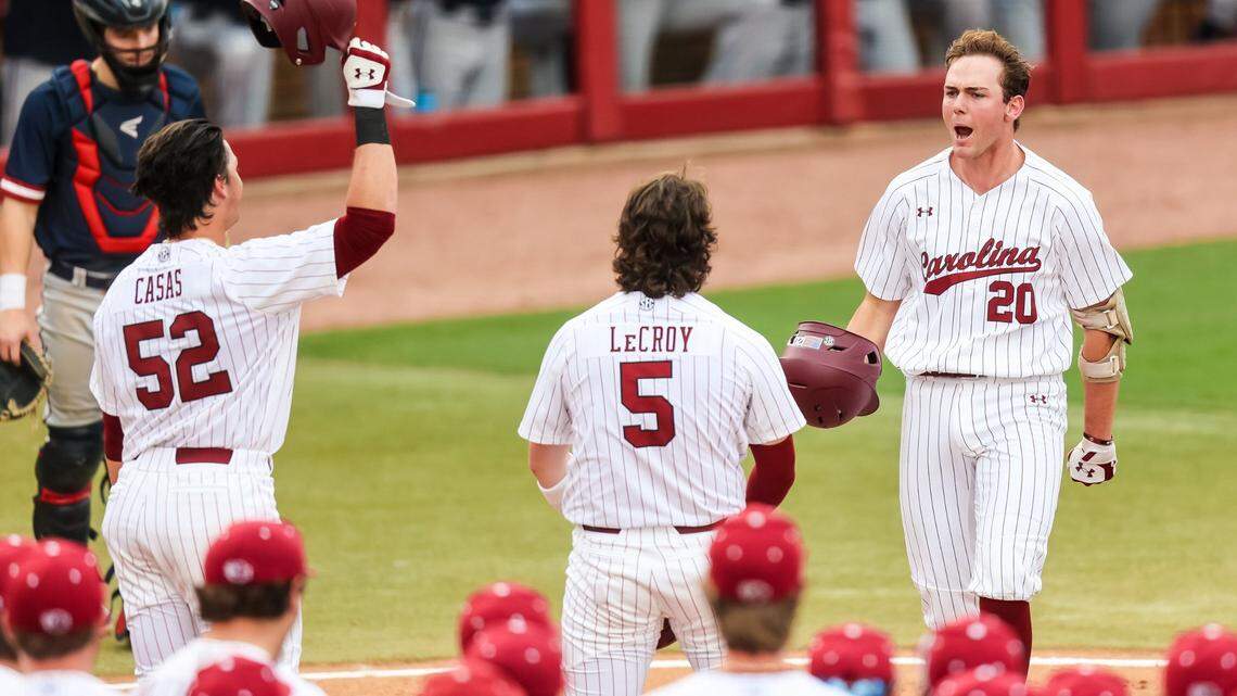 South Carolina right fielder Ethan Petry (20) celebrates his homer in the second inning during the game between the South Carolina Gamecocks and the Penn Quakers on Friday, 2/24/23 at Founders Park in Columbia, SC.