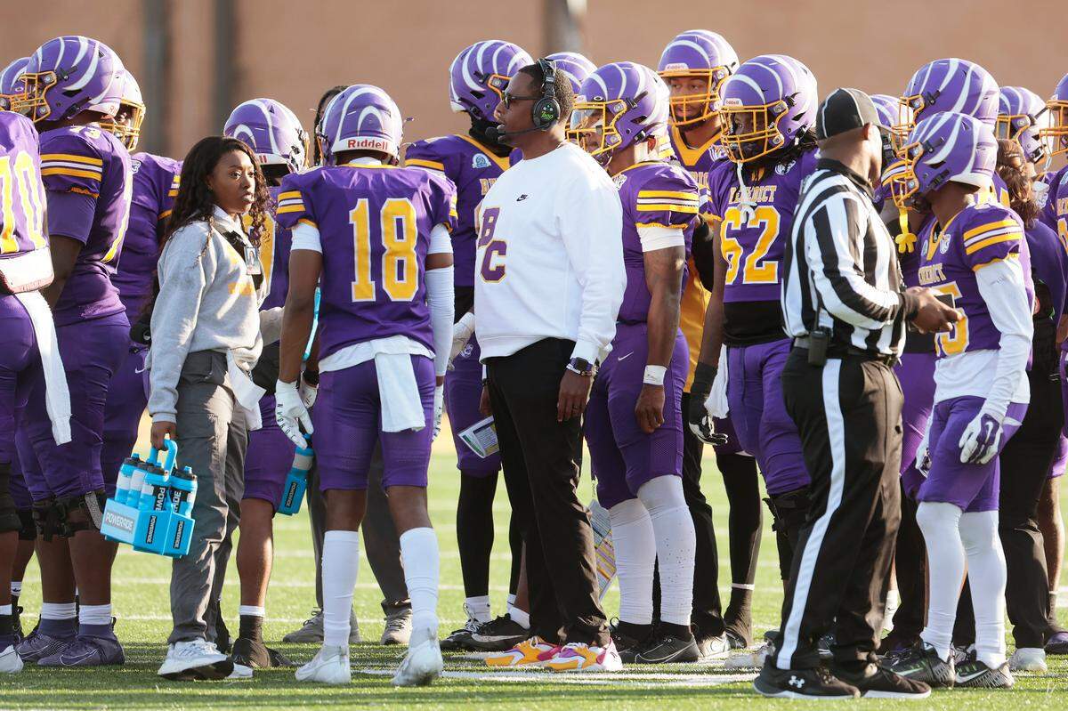 Benedict Head Football Coach Chennis Berry coaches his team as they play against Lenoir-Rhyne in Columbia, South Carolina on Saturday, November 25, 2023.