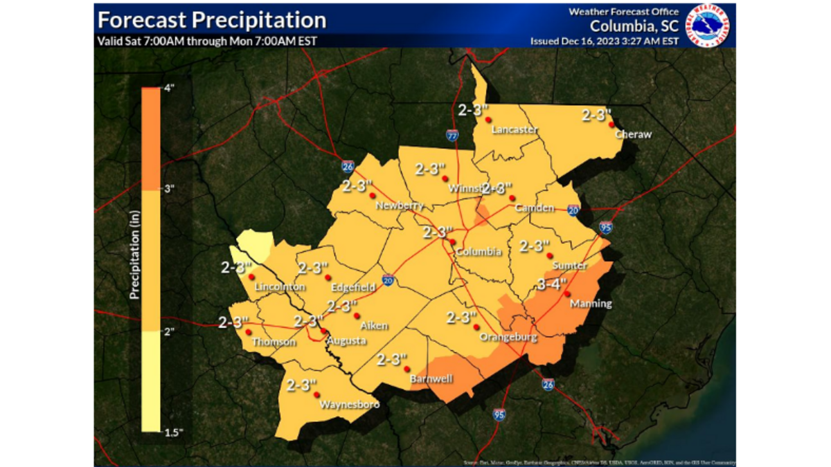 The National Weather Service is predicting two to three inches of rain to fall over the weekend throughout much of the Midlands.