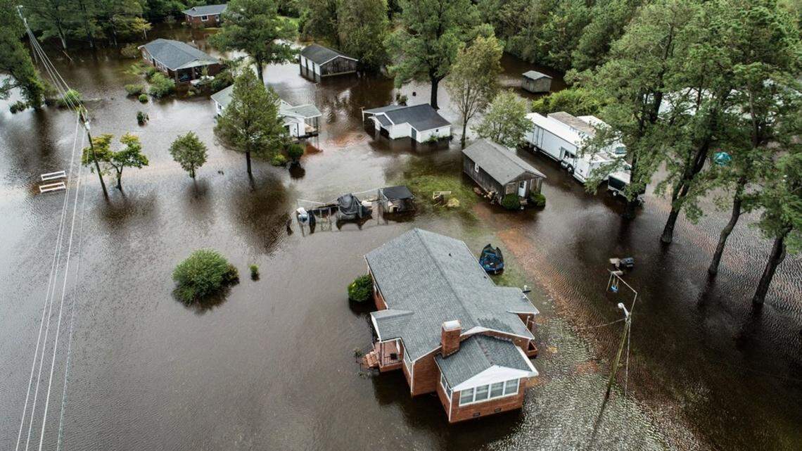 An aerial view of of flooding along Trenton Highway in Kinston Sunday, Sept. 16, 2018 following the aftermath of Hurricane Florence in the Neuse River basin.