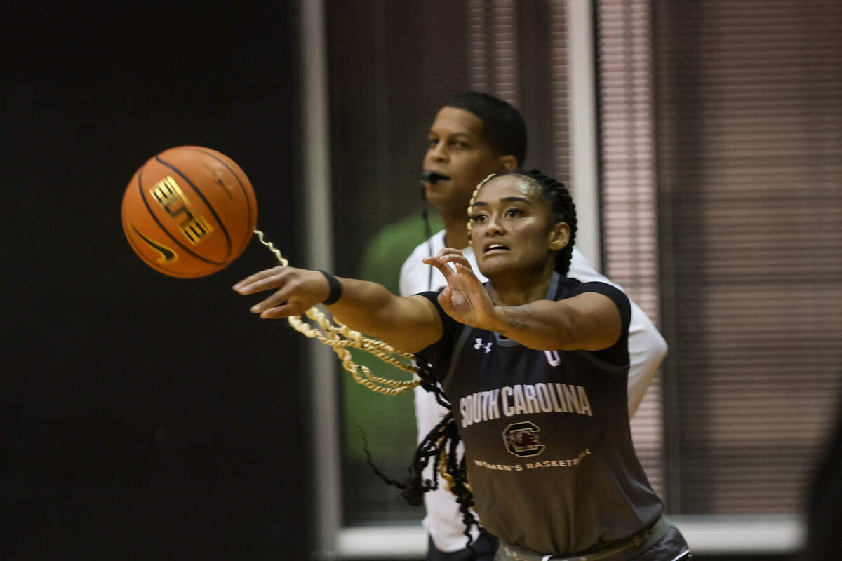 University of South Carolina guard Te-Hina Paopao (0) passes the ball during practice on Monday, Oct. 14, 2024