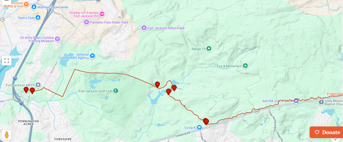 The Palmetto Trail as it winds through Fort Jackson. Hikers wanting to walk from the Fort Jackson Boulevard gate to the Leesburg Road gate must pass a background check and obtain a day permit. Day permits can be obtained at the base’s Forest Drive gate (see top of map near Walmart)