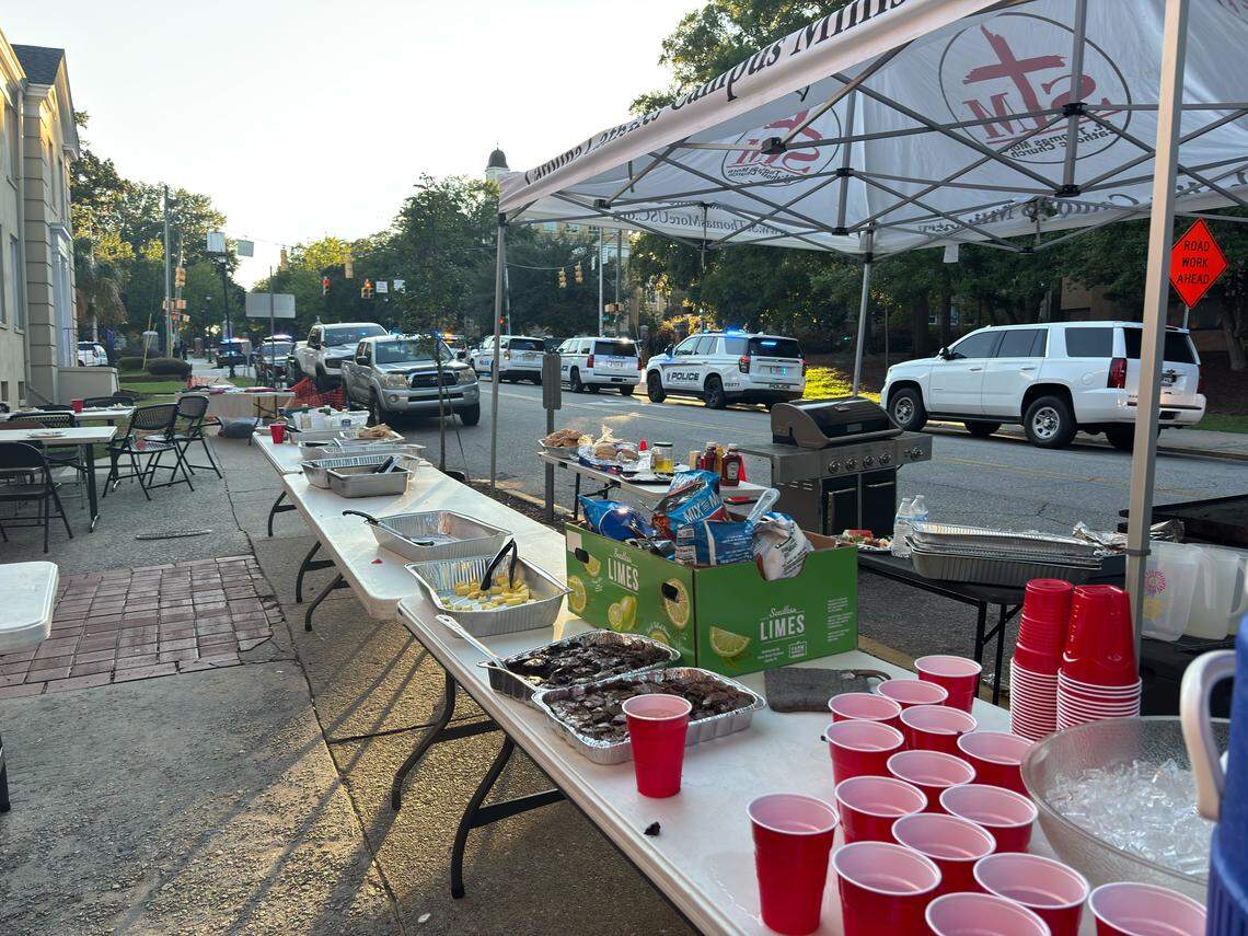 The Catholic Student Mission had tables set up for an apparent barbecue on Greene and Pickens streets when an alert for an active shooter went off on the University of South Carolina campus on Aug. 24, 2025.