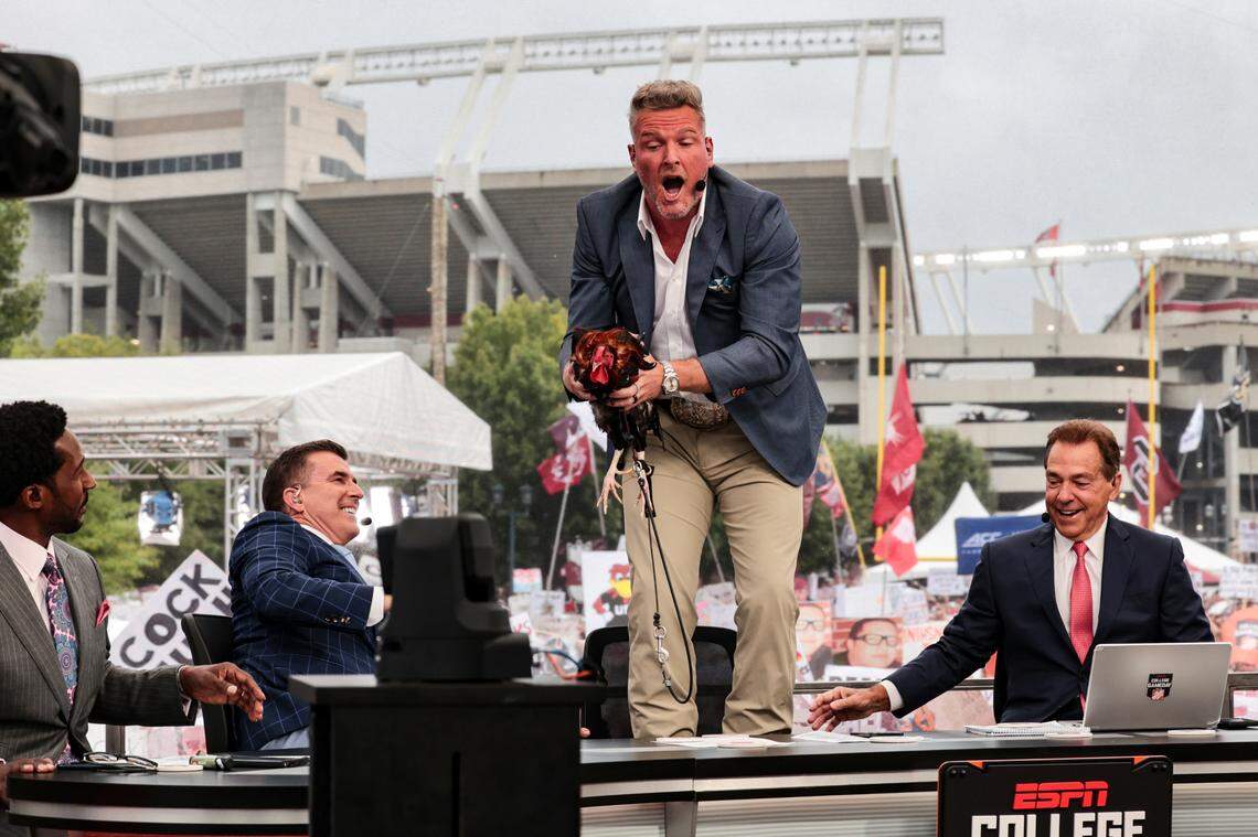 Students celebrate during the broadcast of ESPN College Gameday at Gamecock Park on Saturday, Sept. 14, 2024.