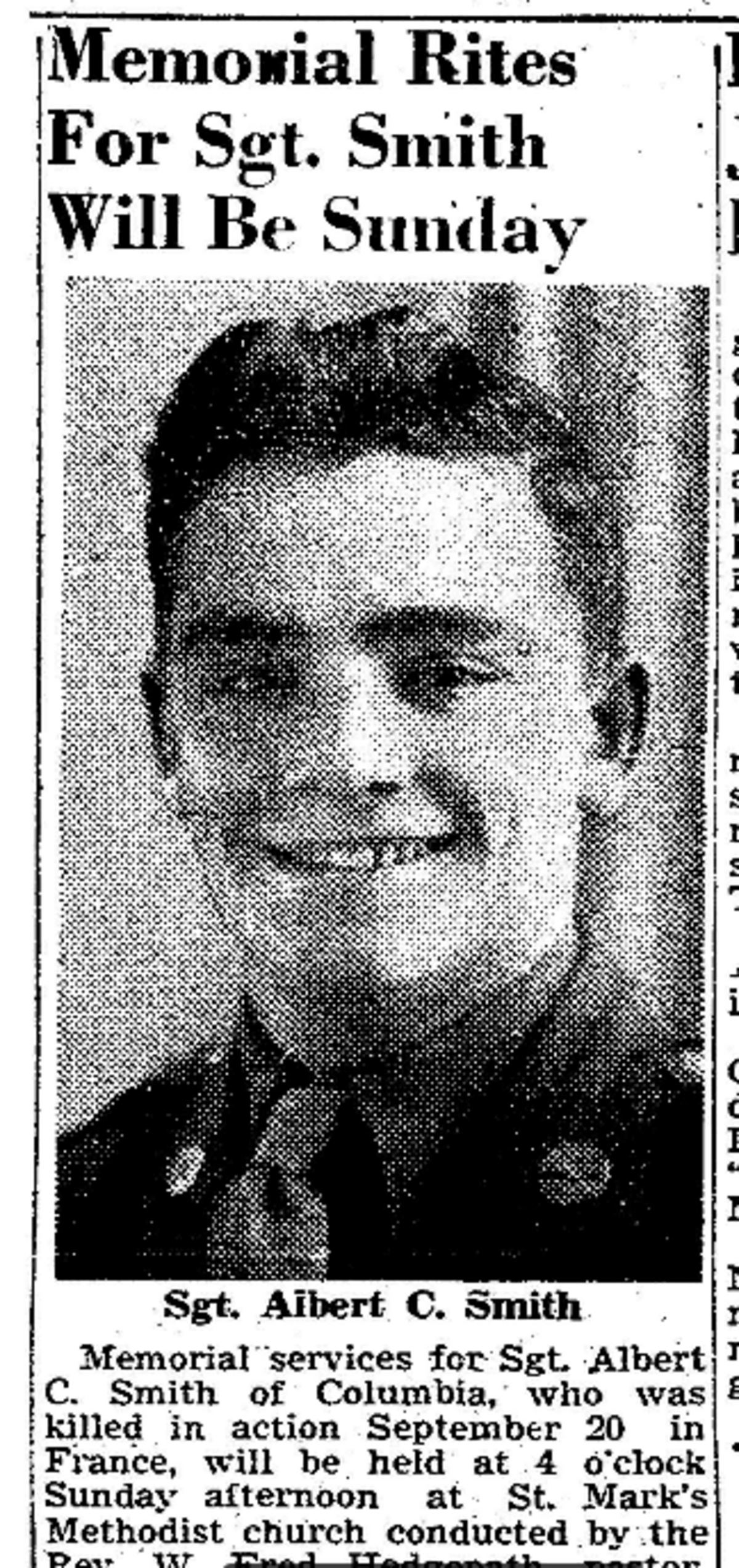 A newspaper clipping announcing funeral services for Sgt. Albert C. Smith, of Richland County. He is buried at the Netherlands American Cemetery in Margraten.