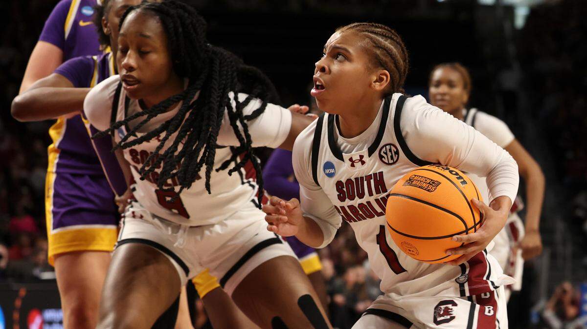 University of South Carolina’s Maddy McDaniel (1) drives to the basket as Joyce Edwards (8) clears the defense during the second half of action against Tennessee Tech in the First Round game of the NCAA Tournament at the Colonial Life Arena on Friday, March 21, 2025.