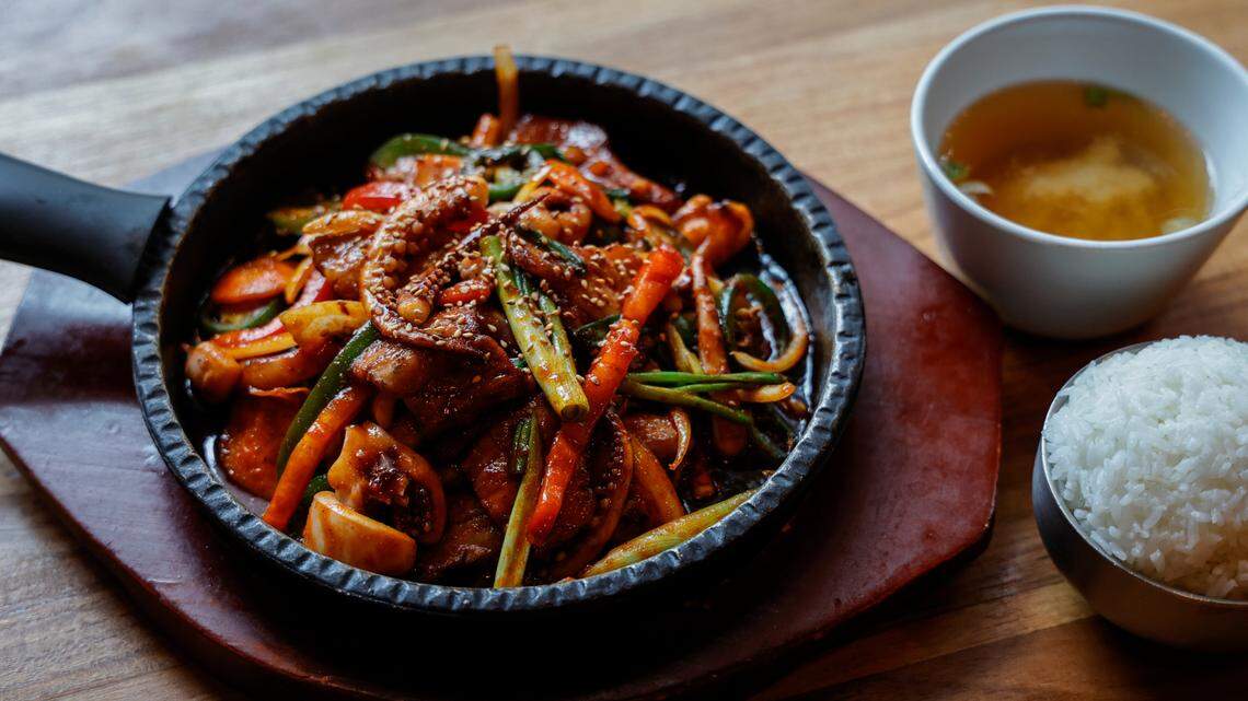 The spicy squid and pork belly stir fry at 929 Kitchen in Columbia.
