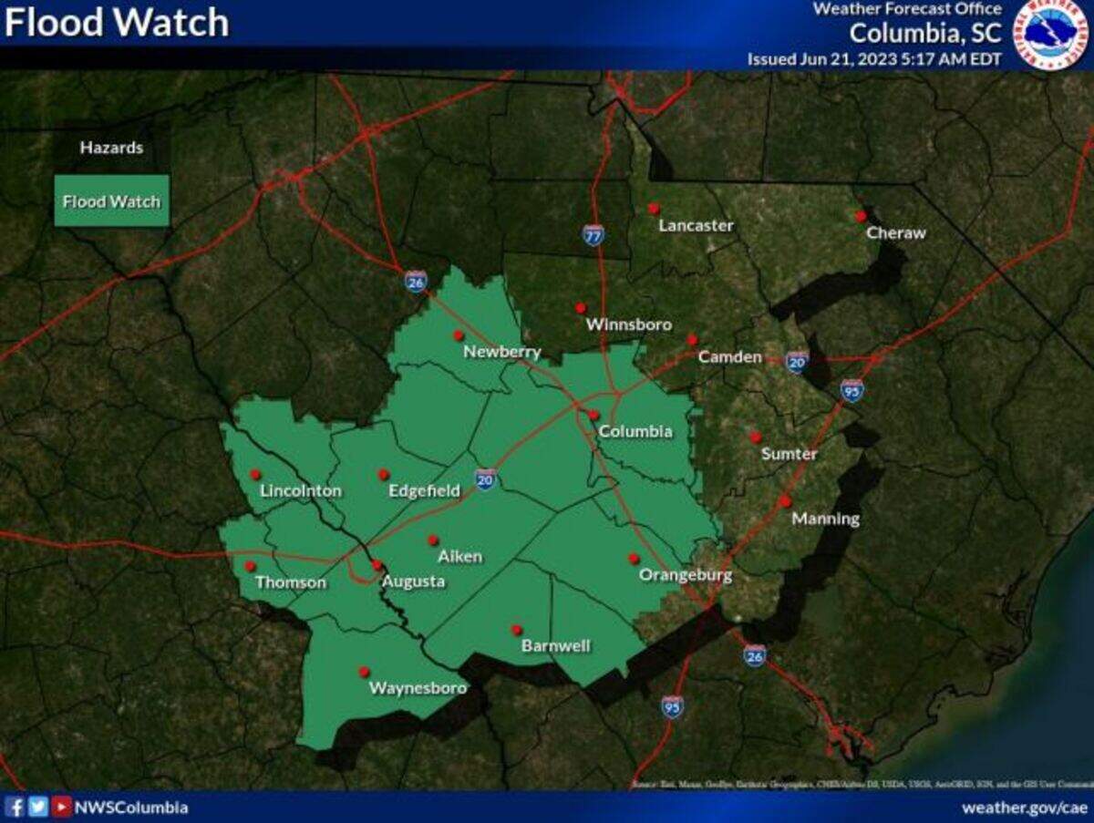 A flood watch was issued for the Columbia area.