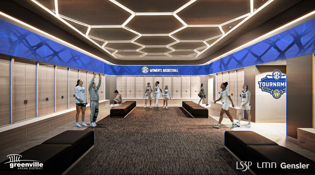 This rendering shows what locker rooms may look like in the upgrade to Bon Secours Wellness Arena in Greenville, SC.