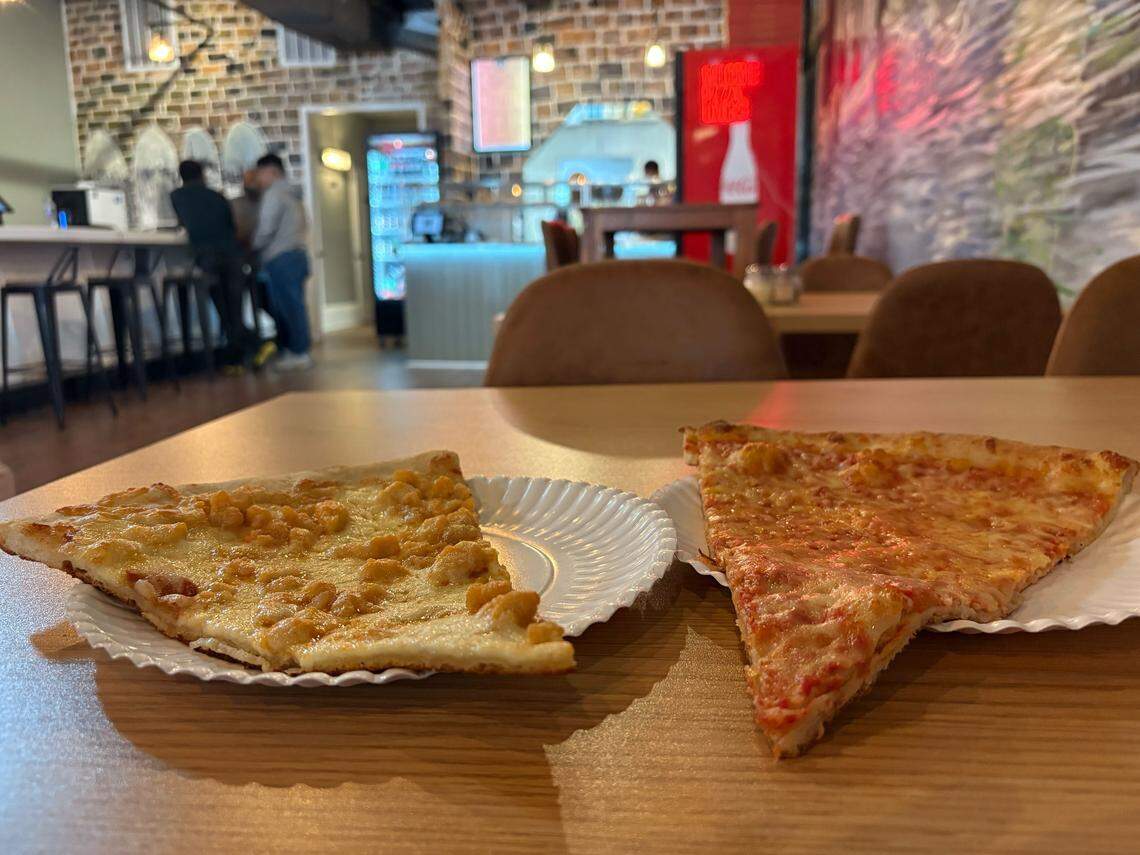 Two pizza slices from Manhattan Pie on Gervais Street in Columbia.