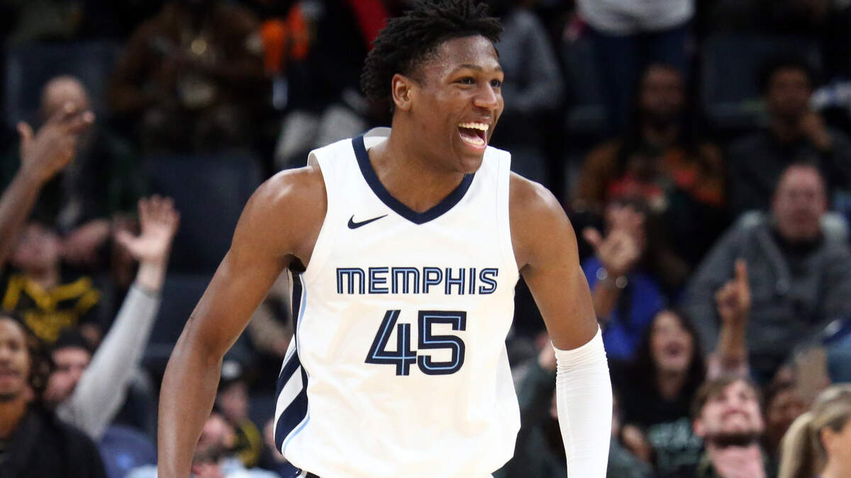 Jan 15, 2024; Memphis, Tennessee, USA; Memphis Grizzlies forward GG Jackson (45) reacts after a three point basket during the second half against the Golden State Warriors at FedExForum.
