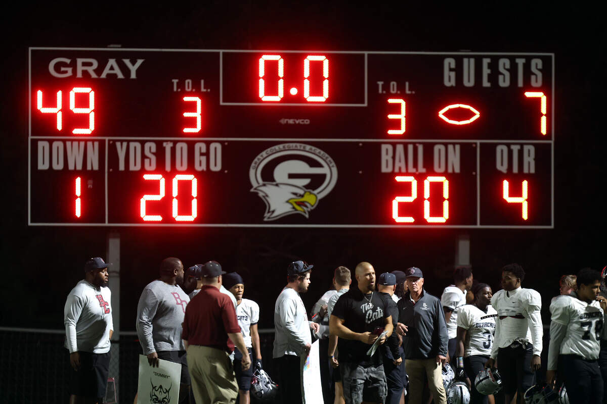 Brookland-Cayce holds a postgame huddle after Tuesday’s 49-7 loss to Gray Collegiate.