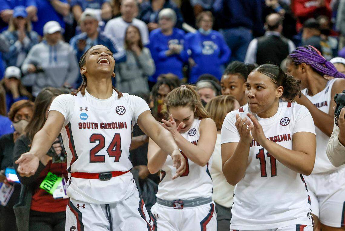 South Carolina’s LeLe Grissett (24) celebrates the Gamecocks’ winning the Greensboro Regional. USC beat Creighton University at the Greensboro Coliseum on Sunday March 27, 2022 to advance to the Final Four.