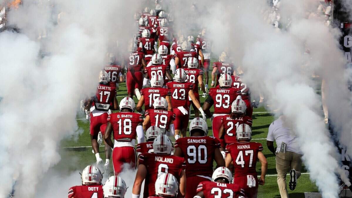 The Gamecocks enter the field to play Troy on Oct, 2, 2021.