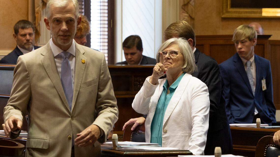 State Sen. Katrina Shealy R-Lexington, gestures to supporters in the balcony on her last day as a state senator.
