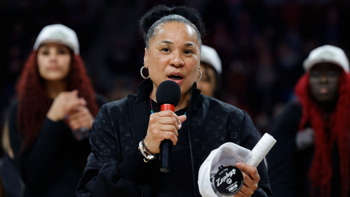 University of South Carolina Head Coach Dawn Staley speaks to the fans after winning the SEC regular season championship in the Colonial Life Arena on Thursday, Feb. 22, 2024