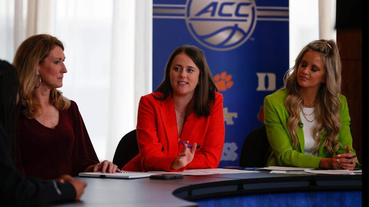 Former Clemson women’s basketball player Kelly Gramlich (middle) is entering her fourth season as an ACC Network game and studio analyst.