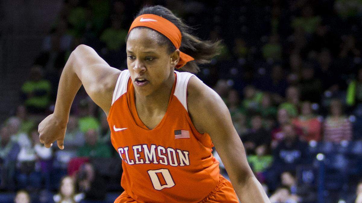 Clemsons Nelly Perry (0) drives in during the first half of Notre Dame's 71-52 win in an NCAA college basketball game Thursday, Feb. 25, 2016, in South Bend, Ind.