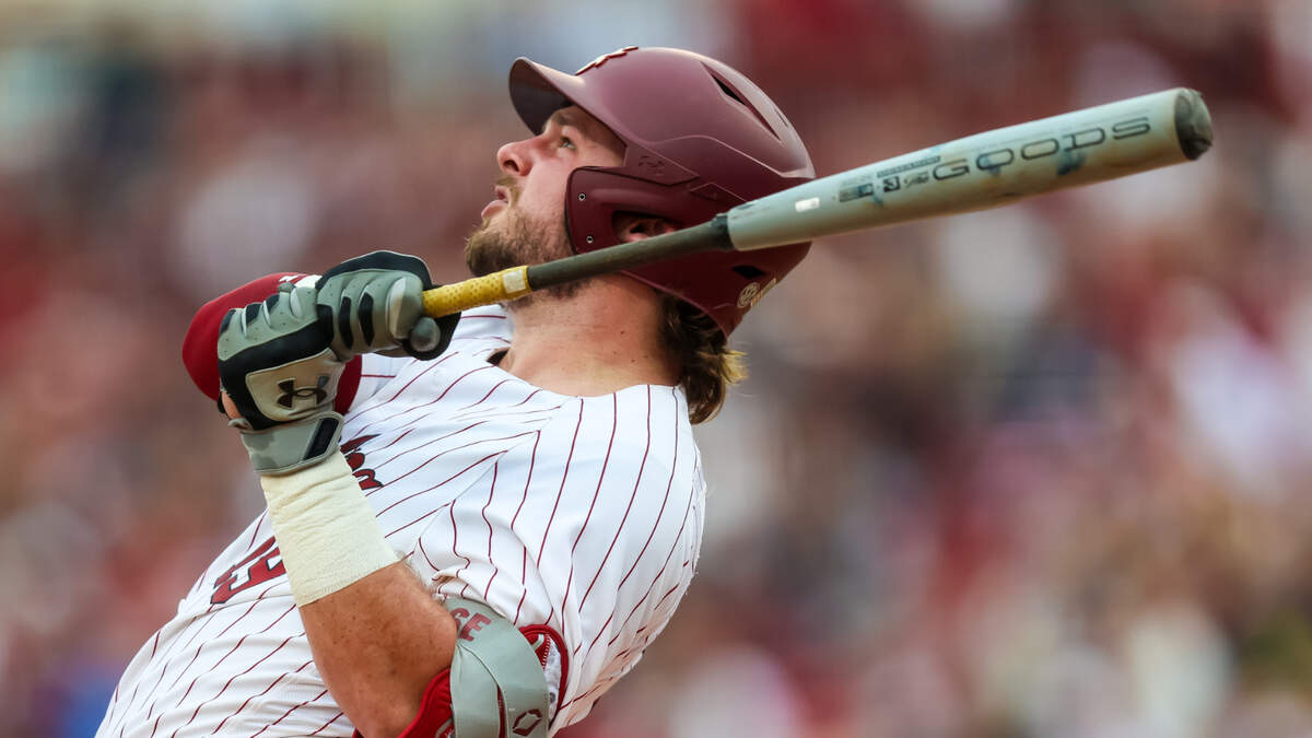 South Carolina Gamecocks catcher Cole Messina (19) bats during the opening day game between the South Carolina Gamecocks and Miami (OH) Redhawks at Founders Park, Feb. 16, 2024.