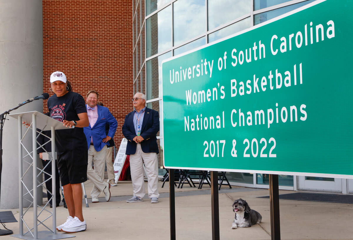 University of South Carolina head womens basketball coach Dawn Staley speaks after unveiling a new highway sign acknowledging the 2017 and 2022 national championship wins on Thursday, June 23, 2022 during a press conference at the Colonial Life Arena.