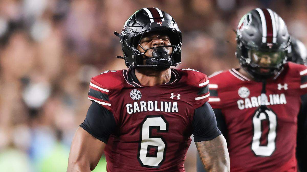 South Carolina linebacker Dylan Stewart (6) reacts after a stop during the Gamecocks’ game against South Carolina State at Williams-Brice Stadium in Columbia on Saturday, September 6, 2025.
