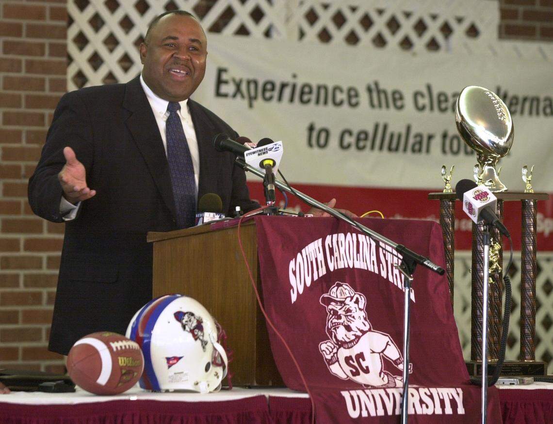 12/11/01 - Oliver “Buddy” Pough is introduced as South Carolina State’s new head football coach at the Kirkland W. Green Studnt Center on campus Tuesday. Pough is a former assitant coach at SCSU and since 1997 has been an assistant coach at the University of South Carolina. Pough is replacing Willie Jeffries who retired after coaching at the school for 19 years. Jason Clark/The State