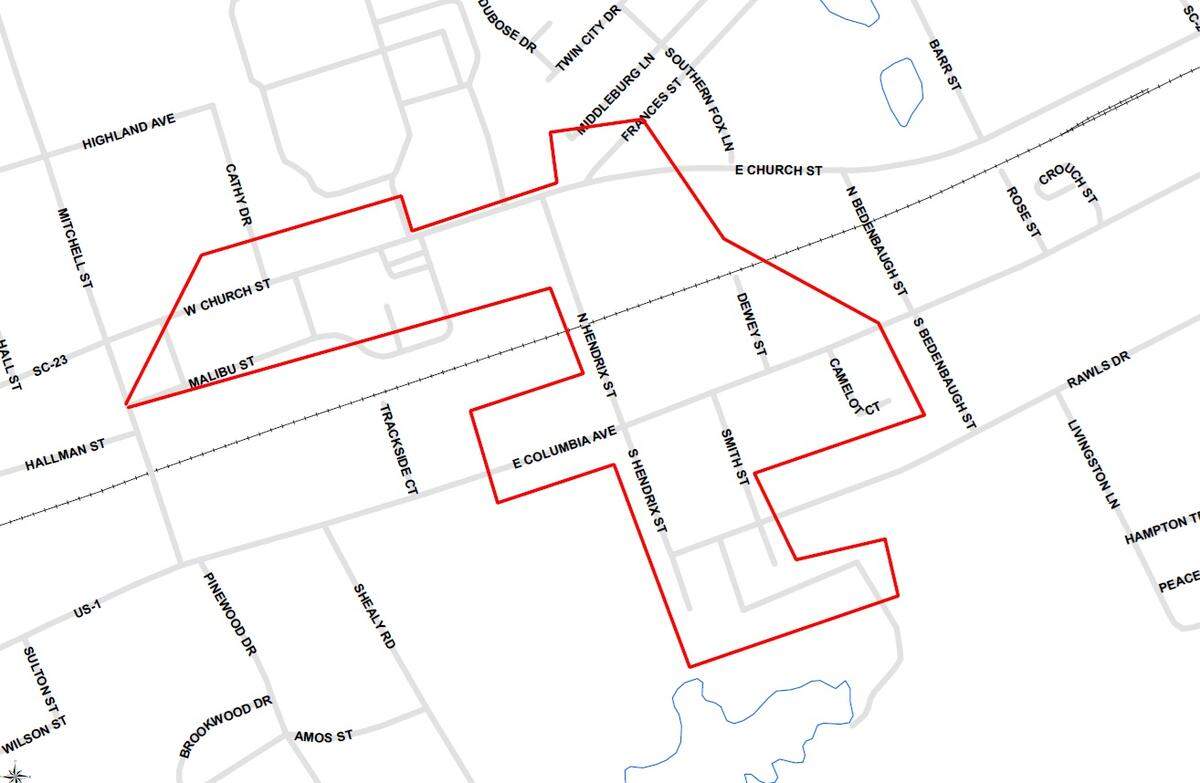The area of Batesburg-Leesville that will be affected by a planned power outage on Wednesday, June 3, including town hall and the post office.