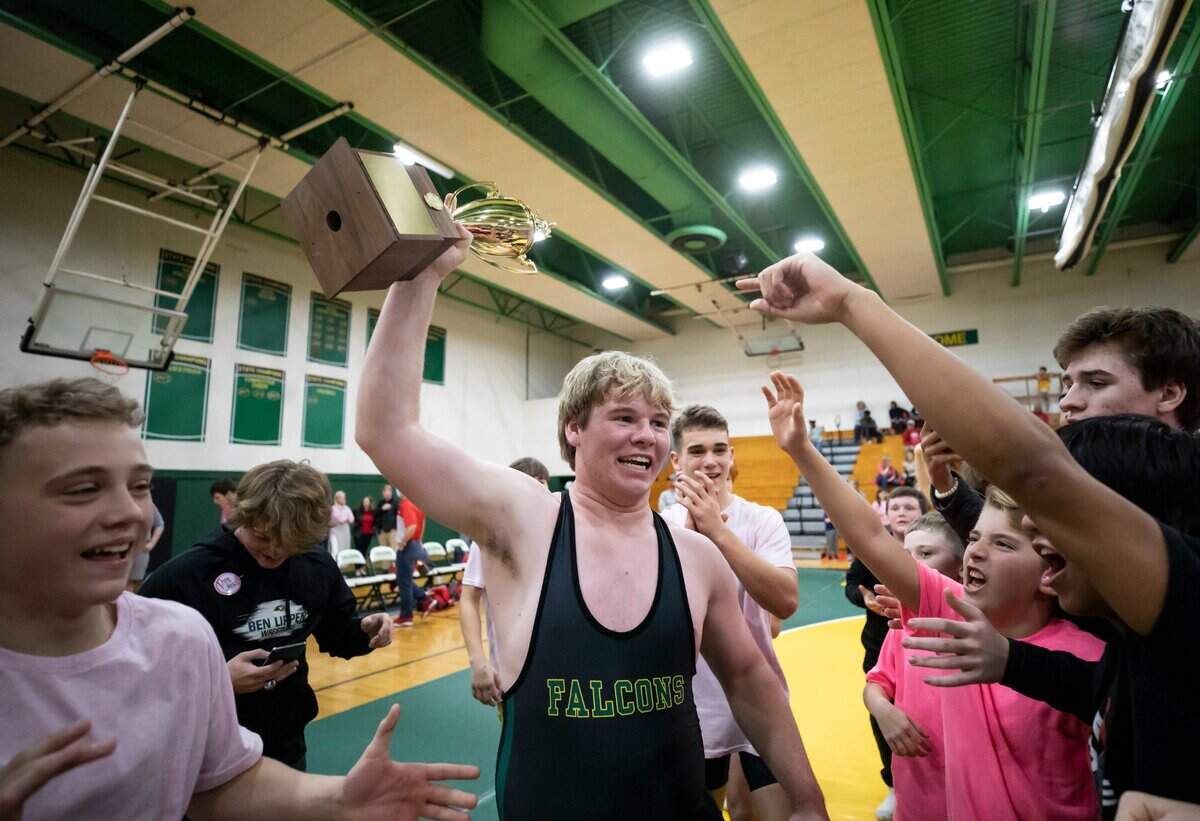 Trey Talbert of Ben Lippen celebrates his school’s win over the Hammond School in the SCISA 2022 Duals State Wrestling Tournament at Ben Lippen on Saturday, February 5, 2022.